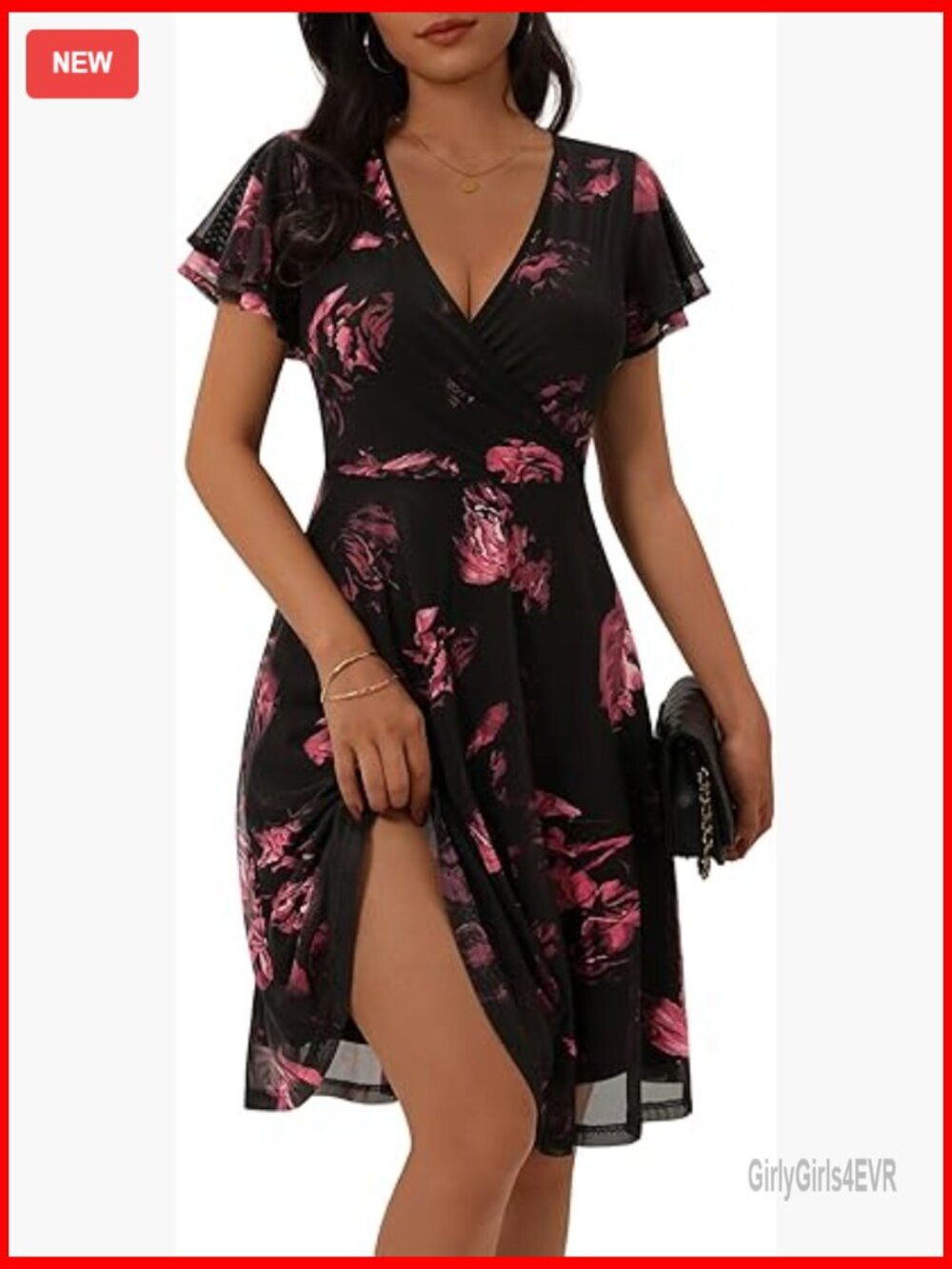 Wrap V Neck Floral Mesh Knee Length Dress for Wedding Guest